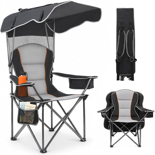 Suteck Camping Chair with Canopy Shade, Folding Outdoor Beach Chairs,Black