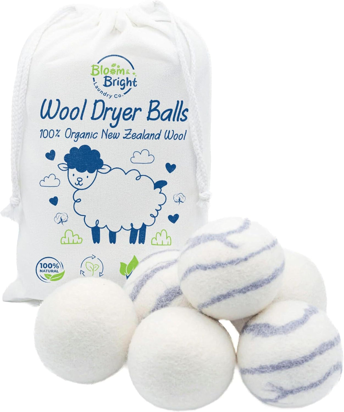 Organic Wool Dryer Balls Laundry Reusable (Set of 6) XL - 100% Pure New Zealand Wool - Natural anti Static Fabric Softener Balls