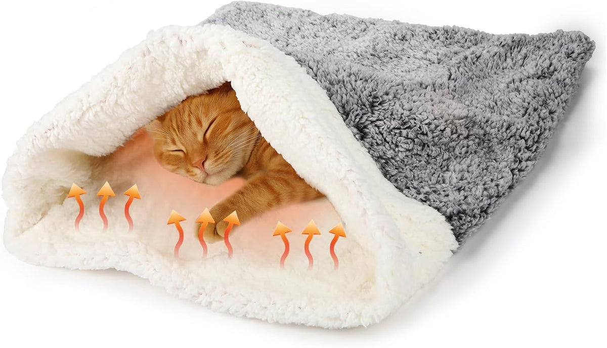 Self Heating Cat Sleeping Bag Indoor Self Warming Cat Bed Cave Heated Pad Cozy Soft Winter Washable Wrap Pet Snuggle Sack Pouch for Puppy Dog Kitten, 24 X 21 Inch(Rustic,Gray)