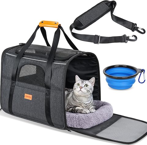 Sportpet Large Hard-Sided Travel Cat Carrier - Cat Carrier with Patented Wide Side-Opening Door, Foldable Portable Pet Carrier with Removable Bed for Cats & Small Pets up to 25Lbs - Gray