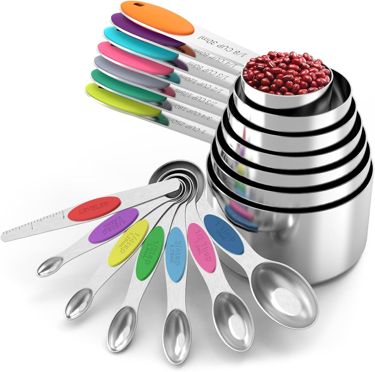 TILUCK Measuring Cups and Magnetic Measuring Spoons Set, Stainless Steel Measuring Cups, 6 Double-Sided Stainless Steel Measuring Spoons & 1 Leveler (12)