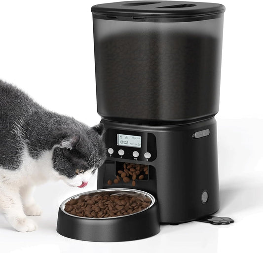 Petrice Automatic Cat Feeder, 4L/16Cups Cat Food Dispenser with Stainless Steel Bowl Programmable 30 Portions 6 Meals per Day, Timed Pet Feeder for Kitty Small Dogs with 10S Voice Record, Black