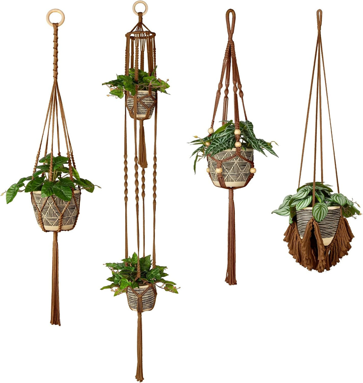 Macrame Plant Hanger Indoor Set of 4, Bohemian Hanging Planter with Tassels
