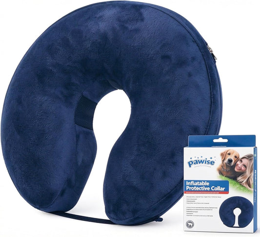 PAWISE Inflatable Dog Cone Collar Soft Adjustable Recovery Donut for Dogs after Surgery, Washable Protective E-Collar to Prevent Licking, Blue, M