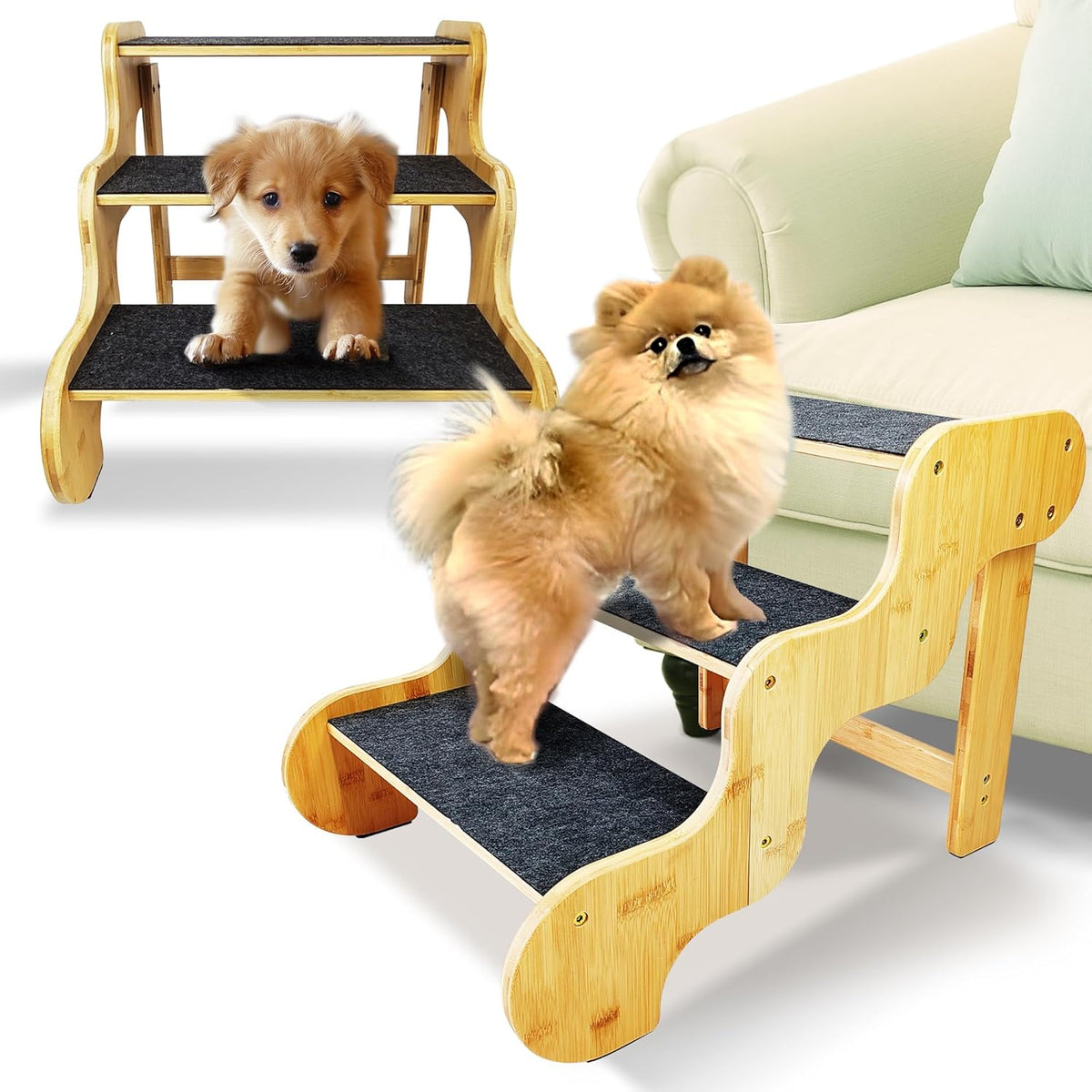 Dog Stairs for Small Dogs,3-Step Bamboo Pet Steps Ramp for Bed and Car