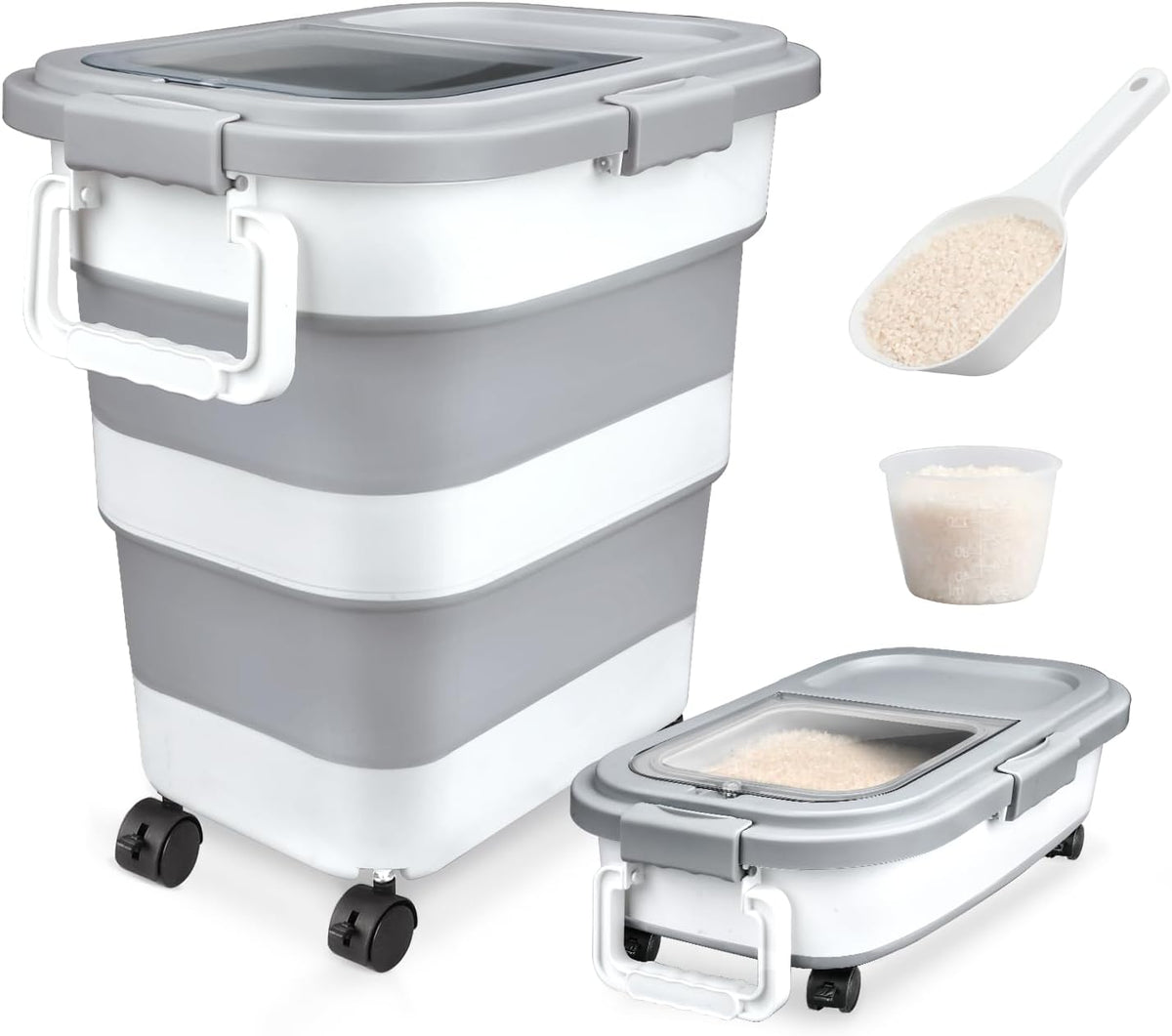 Komzon Rice Storage Container 10-40 Lb, 25 Lb Pet Dog Food Storage Container, Collapsible Airtight Rice Container,Rice Dispenser Bin with Cup and Scoop for Flour Cereal Pasta Grain, Cat Bird Food