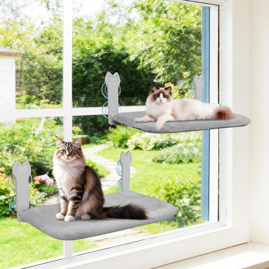 Large Size Cat Window Perch 2 Pack, Cordless Cat Window Hammock with 4 Strong Suction Cups, Metal Frame Foldable Window Bed for Large Cats, Reversible Cushion Hold up to 40Lbs (Gray)