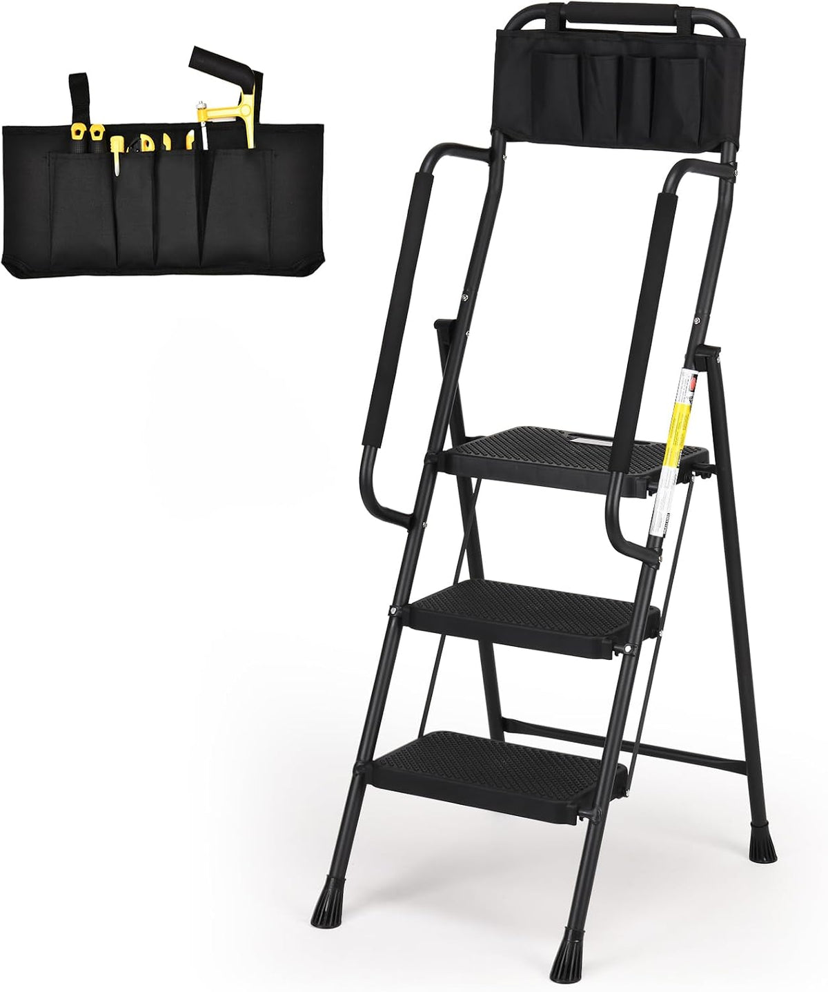 Hbtower Step Ladder with Handrails, 3 Step Ladder with Attachable Tool Bag