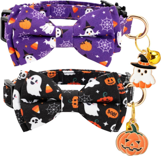 2 Pack Cotton Cat Collar with Bow Tie and Bell for Male Female Cats,Soft Fancy Breakaway Kitty Kitten Collar with Ghost& Pumpkin Patterned Design for Boy Girl Cats. (Purple Ghost&Pumpkin)