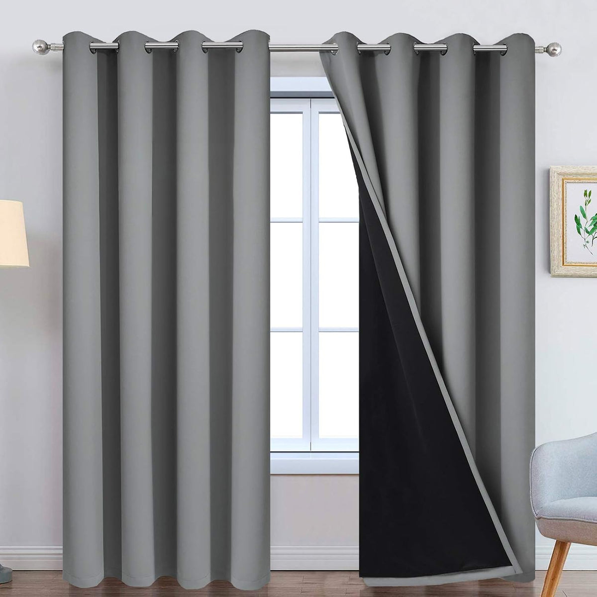 Yakamok Grey 100% Blackout Curtain Panels 84 Inches, 52" Wide, 2 Panels