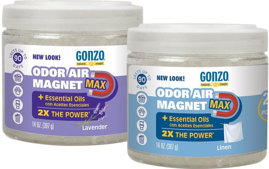 Gonzo Odor Air Magnet Max Gel Odor Eliminator (2 PACK) for Car, Closet, Trash & Pet Areas, Smoke Odors - Lavender and Linen Scent, 14 Oz Jars, Blue