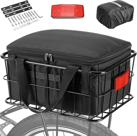 CDYWD Bike Basket Rear for Men Women, Large Bicycle Rack Basket for Adult Bikes with Removable Liner Bag & Waterproof Cover, Heavy Metal Back Cargo Basket for Ebike, Mountain Bike, City Bike, Cruiser