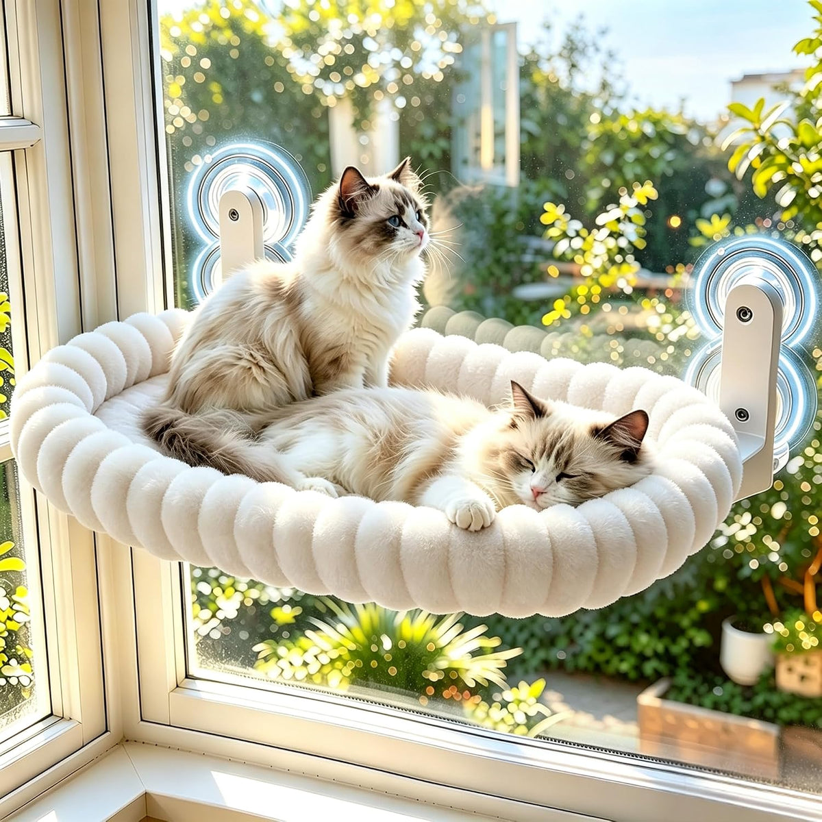 Cat Window Perch - Cordless Cat Window Hammock with 4 Strong Suction Cups, Ultra Soft Window Perch for Cats inside - 2 in 1 Cats Window Bed Detchable & Washable Cushion 23.3 * 15.8In(White)