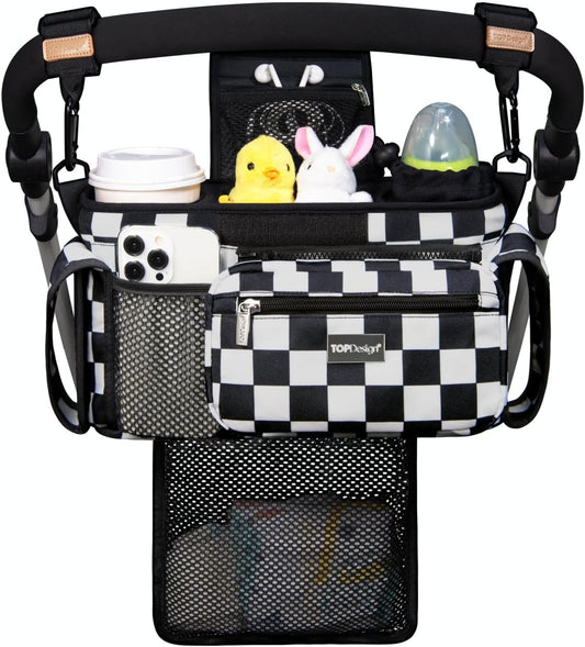 Topdesign Universal Baby Stroller Organizer, Stroller Caddy with Detachable Mesh Bag & Heightened Insulated Cup Holders & Non-Slip Secure Hooks Accessories, Fits Most Strollers (Checkerboard)