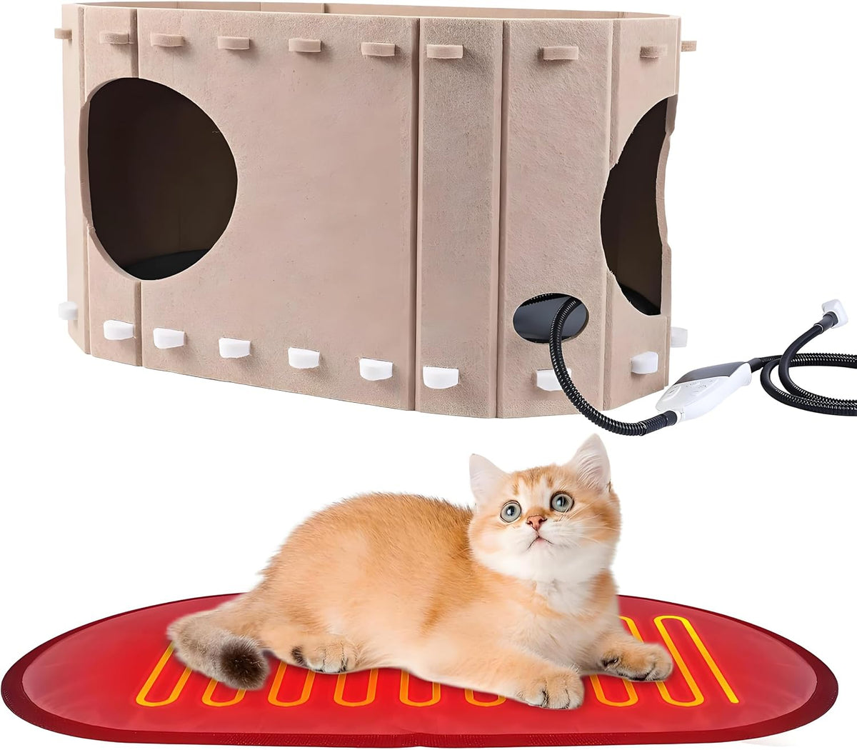 Largre Heated Cat House for Indoor & outside Cats,Heated Pet Bed with Timer & Temp Adjustable Heating Pad for Indoor Kitty, Scratch Resistant Caves（23 * 12 * 13Inch）
