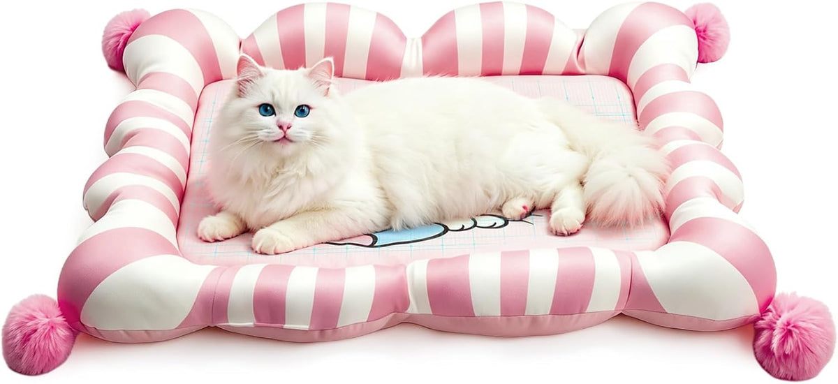 Cute Cat Bed Mat, Cat Beds for Indoor Cats, Small Dog Bed for Crate, Reversible Dual-Sided Pet Bed Mat, Breathable & Comfortable Kitten Bed with 4 Soft Plush Balls, Perfect for Crates, Beds & Sofas