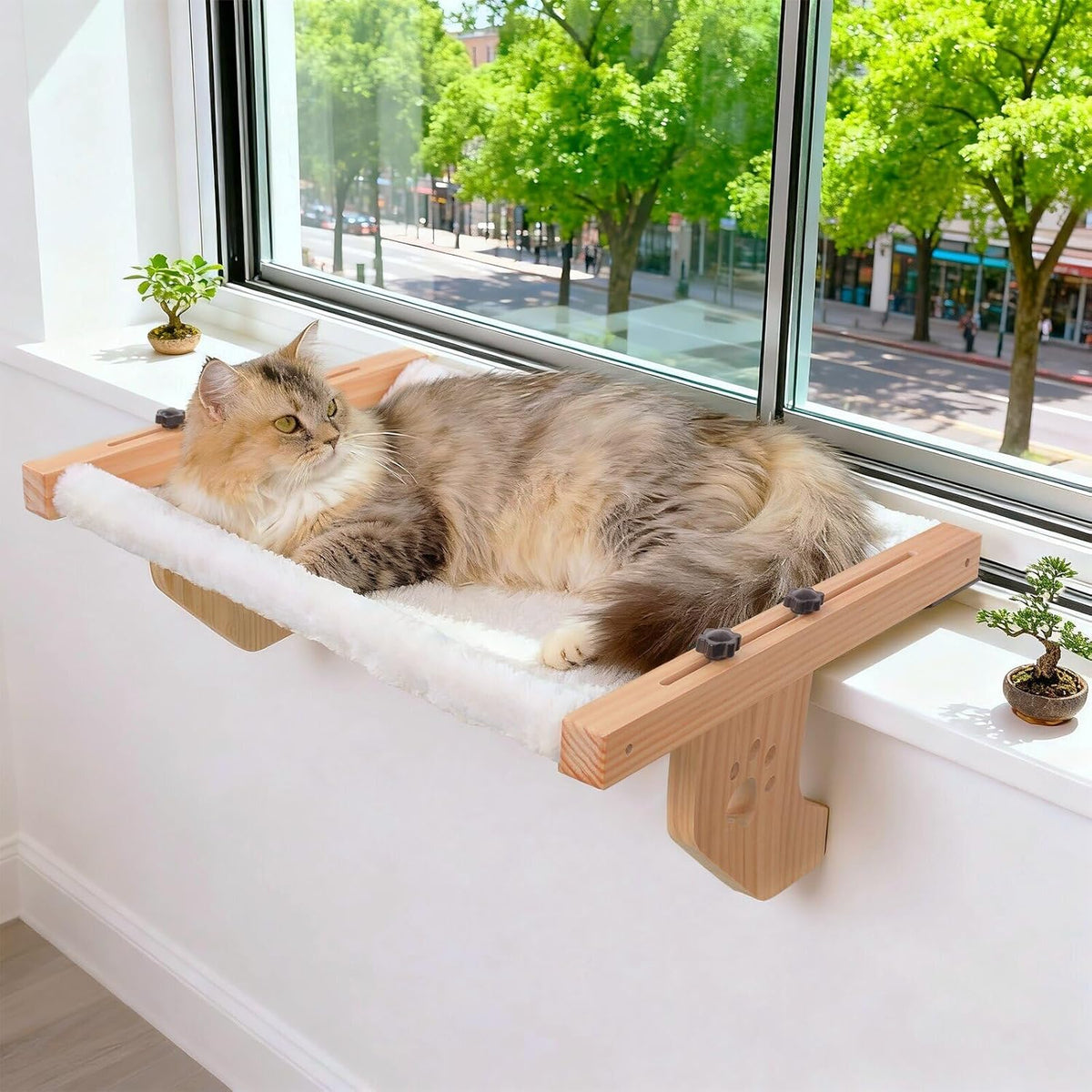 ESPETS Wooden Cat Window Hammock for Large Cats, White Kitten Window Perch