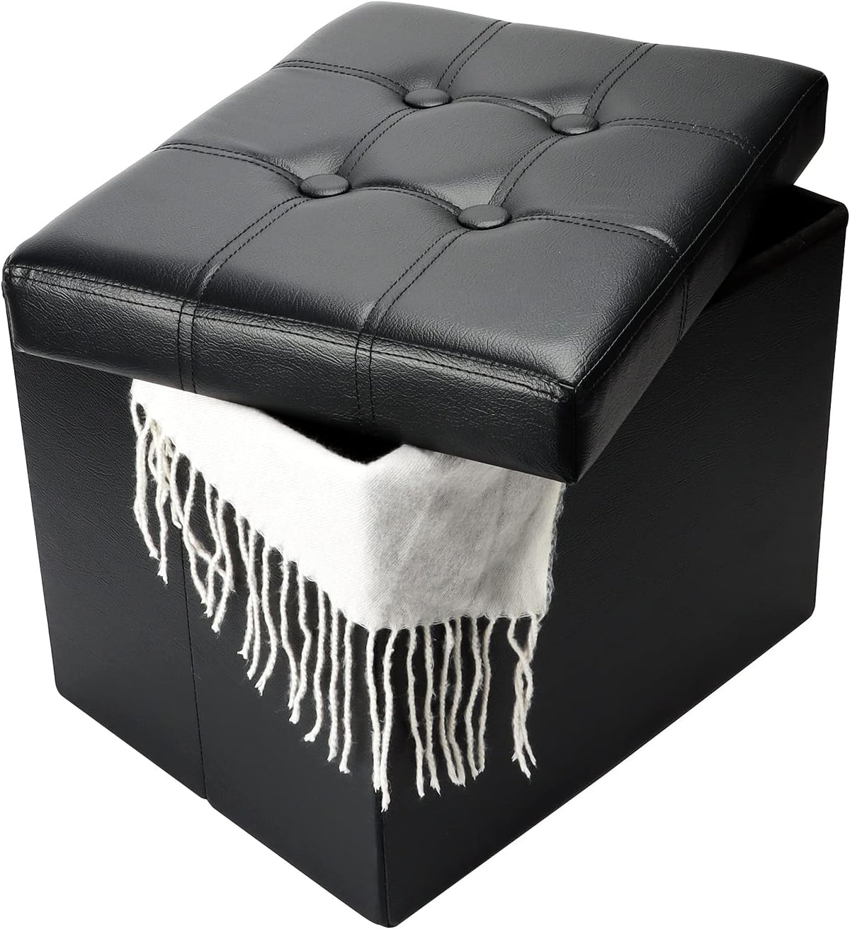 Bsketa Storage Ottoman Bench,17 Inch Folding Leather Foot Rest Stools,Black