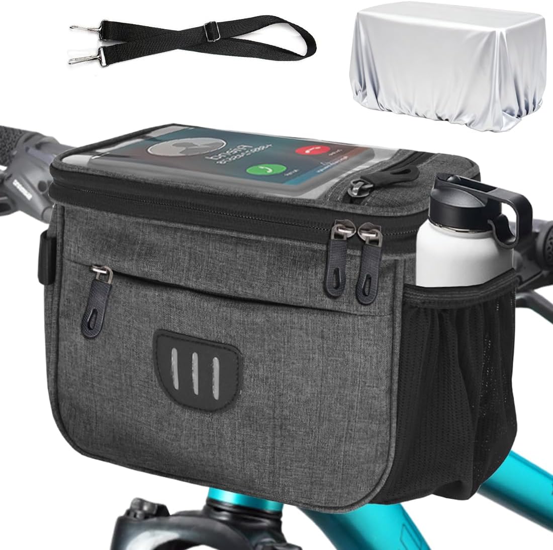 Bike Handlebar Bag, Bicycle Basket Front with Rain Cover and Shoulder Strap