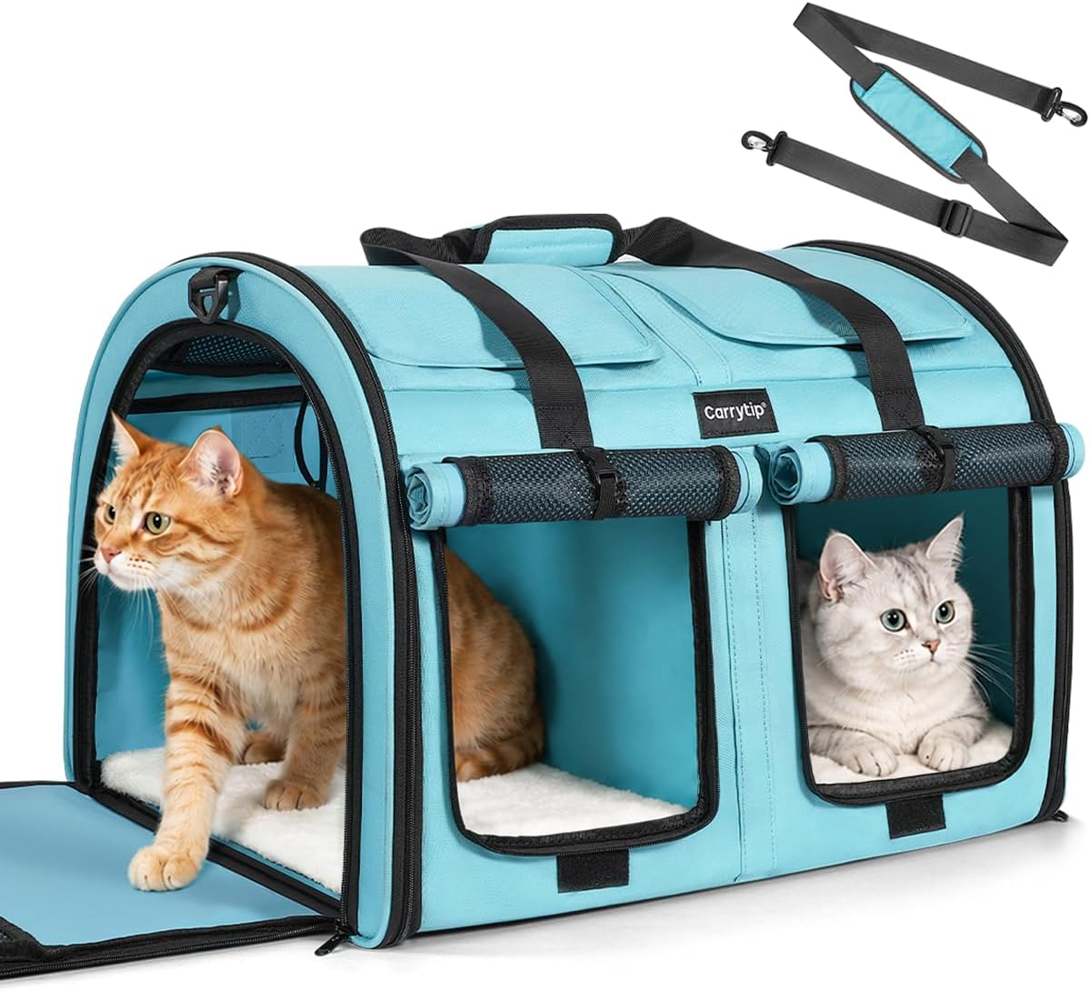 Large Cat Carrier for 2 Cats with Removable Divider, Privacy Flaps, Blue