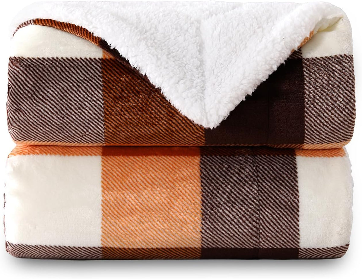 SOCHOW Buffalo Plaid Sherpa Fleece Throw Blanket, 50 X 60 Inches, Orange