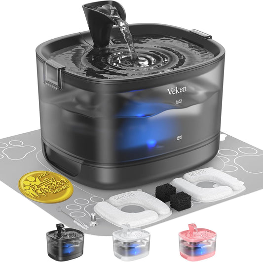 Veken 85Oz/2.5L Cat Water Fountain with Detachable Tank & Secure Clips, D1