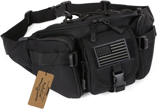 Arcenciel Tactical Fanny Pack for Men Women Waist Bag Hip Belt Outdoor Hiking Fishing Bumbag with Patch (Black)