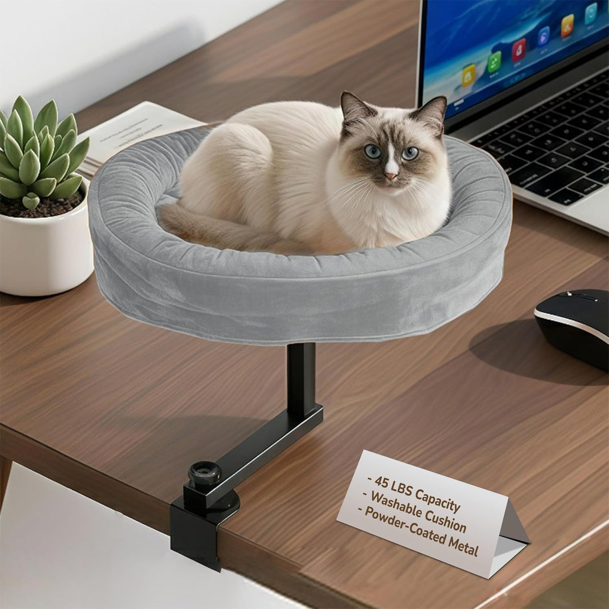 Up to 45LBS Cat Desk Bed - 360° Rotation & Adjustable Height, Pet Perch for Desks with Washable Cushion, Desk Cat Bed Attachment for Various Tables, Gray Cushion