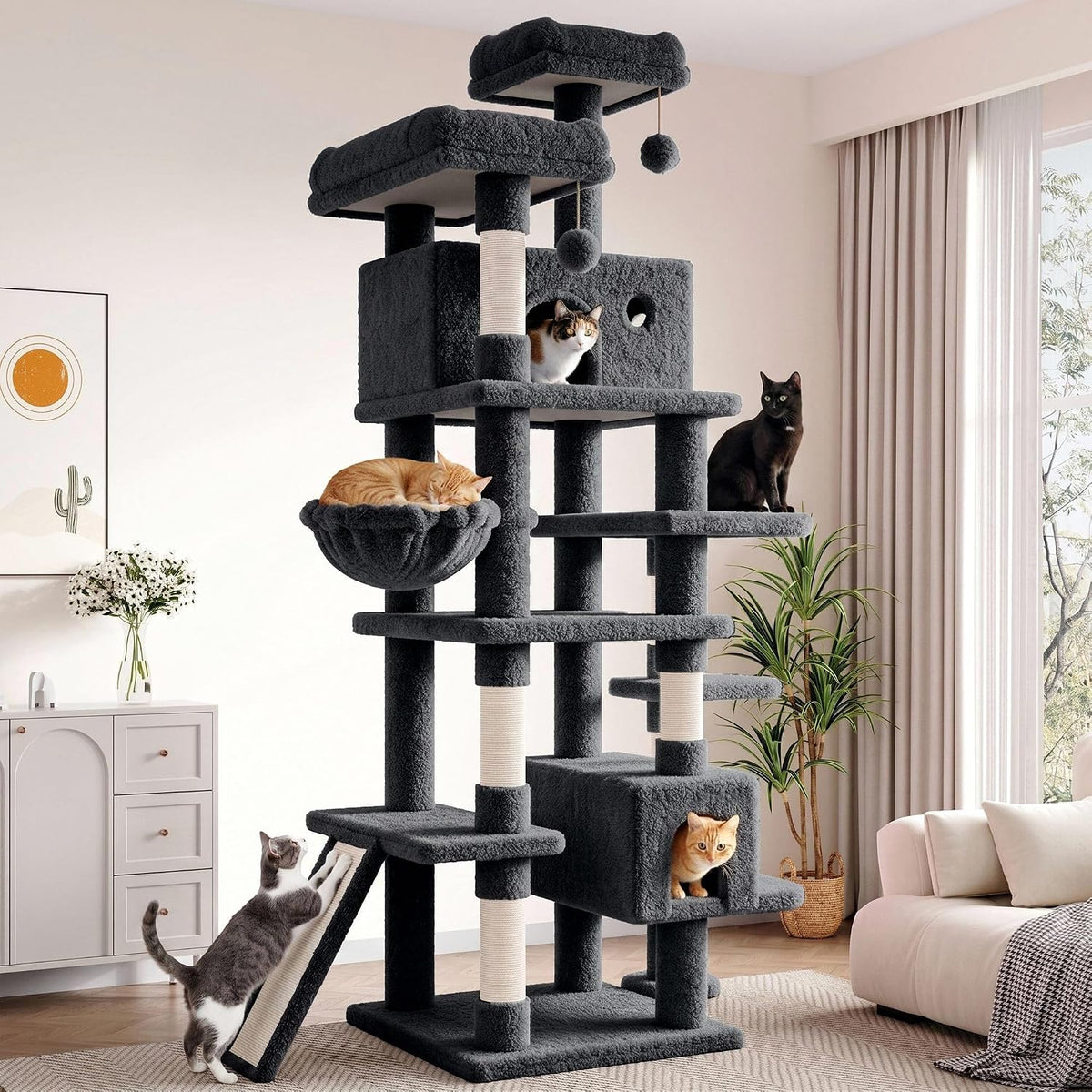SHA CERLIN 82 Inch, Multi-Level Cat Tree Tower for Indoor Cats, Cat Condo with Sisal Scratching Posts, Plush Perches, Hammocks, Toy Balls, Dark Grey