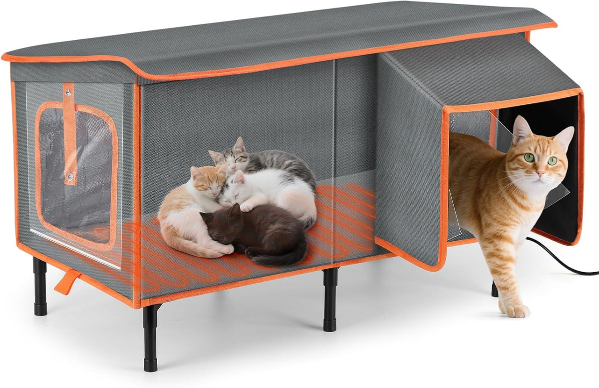 Heated Cat House for outside in Winter, Weatherproof Outdoor Cat House with Cat Heating Pad, Waterproof &Safe Escape Door, Insulated Cat Shelter with Heater for Feral Barn Cats Kitty