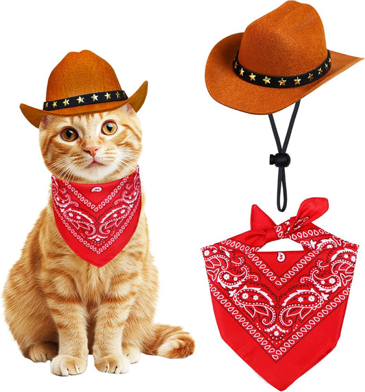 Pet Cowboy Costume, Cat Dog Halloween Costumes Halloween Pet Cat Dog Cowboy Hat with Bandana Scarf for Cats Small Dogs Pets (Brown, Small)