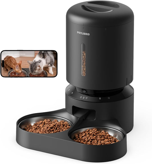 PETLIBRO Automatic Cat Feeder with Camera for Two Cats, 1080P HD Video with Night Vision, 5G Wifi Pet Feeder with 2-Way Audio for Cat & Dog, Low Food & Motion & Sound Alerts, Dual Tray, Black 5L