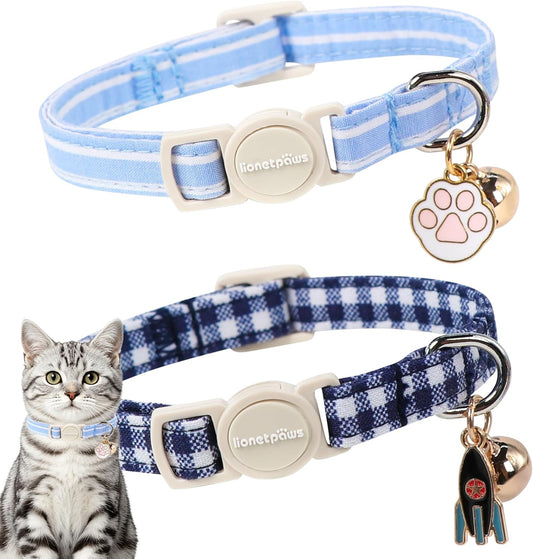 LIONET PAWS 2 Pack Breakaway Cat Collars, Cute Soft Cotton Plaid Gingham & Blue Stripe Kitten Collars with Bell for Boy Girl Cats