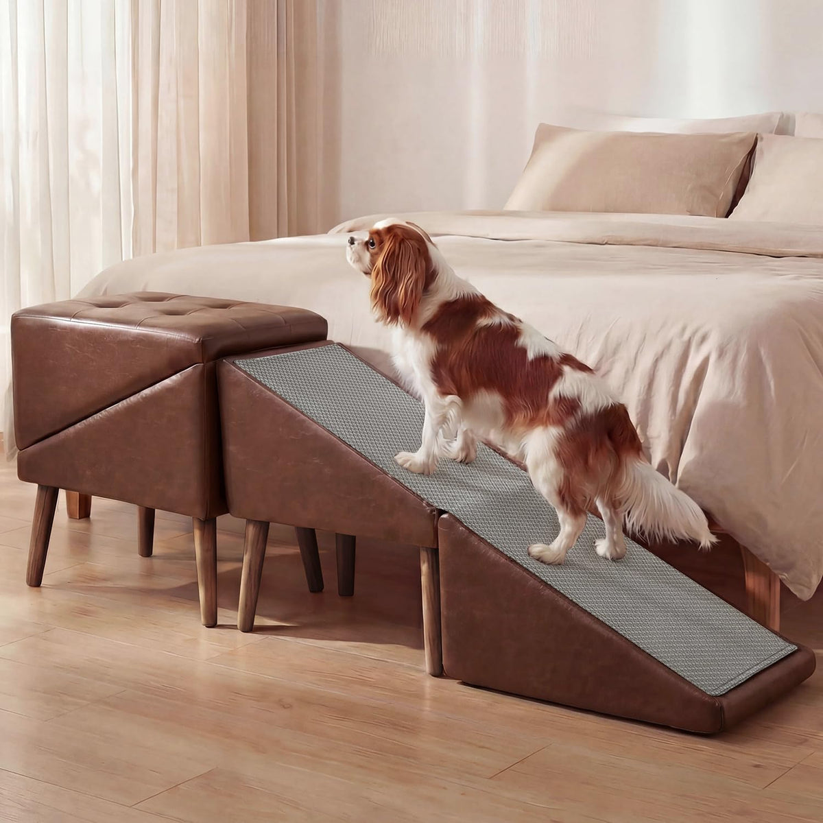 Dog Ramp for Bed, Wooden 23.62'' H Dog Stairs for Small/Medium-Sized Dogs and All Cats, Washable Non-Slip Silicone Surface Pet Ramp, Foldable 2-In-1 Split Ottoman Design