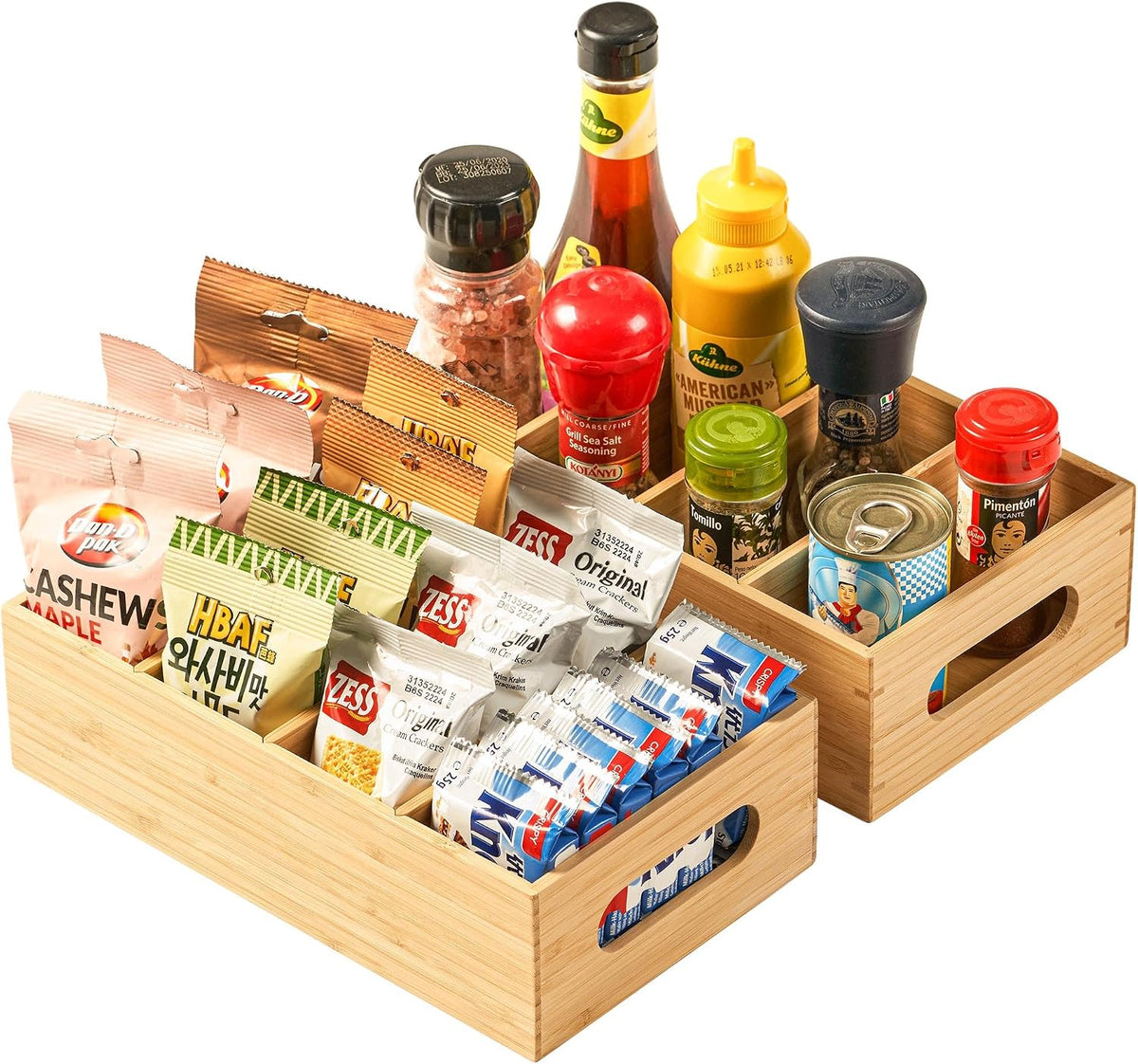 Umilife Large Bamboo Pantry Organizers and Storage Bins with Removable Dividers, Kitchen Drawer Cabinet Countertop Organization for Snack, Spice Packets, Teabags, Seasoning Pouches (2 Pack)