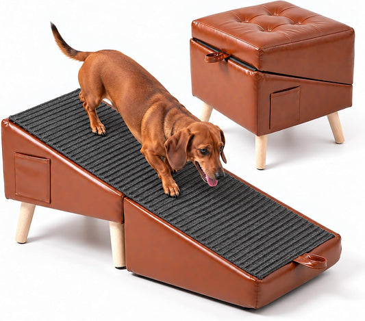15" H Dog Ramp for Couch & Low Bed, 2-In-1 Pet Stairs for Small Dogs, Brown