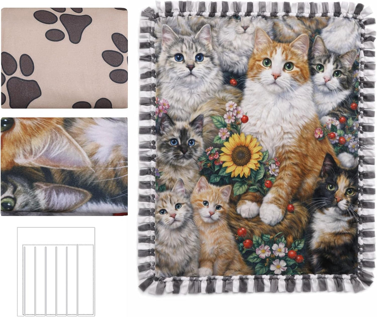 Hunnmingre 3 Pcs No Sew Blanket Kit,Cats,Brown