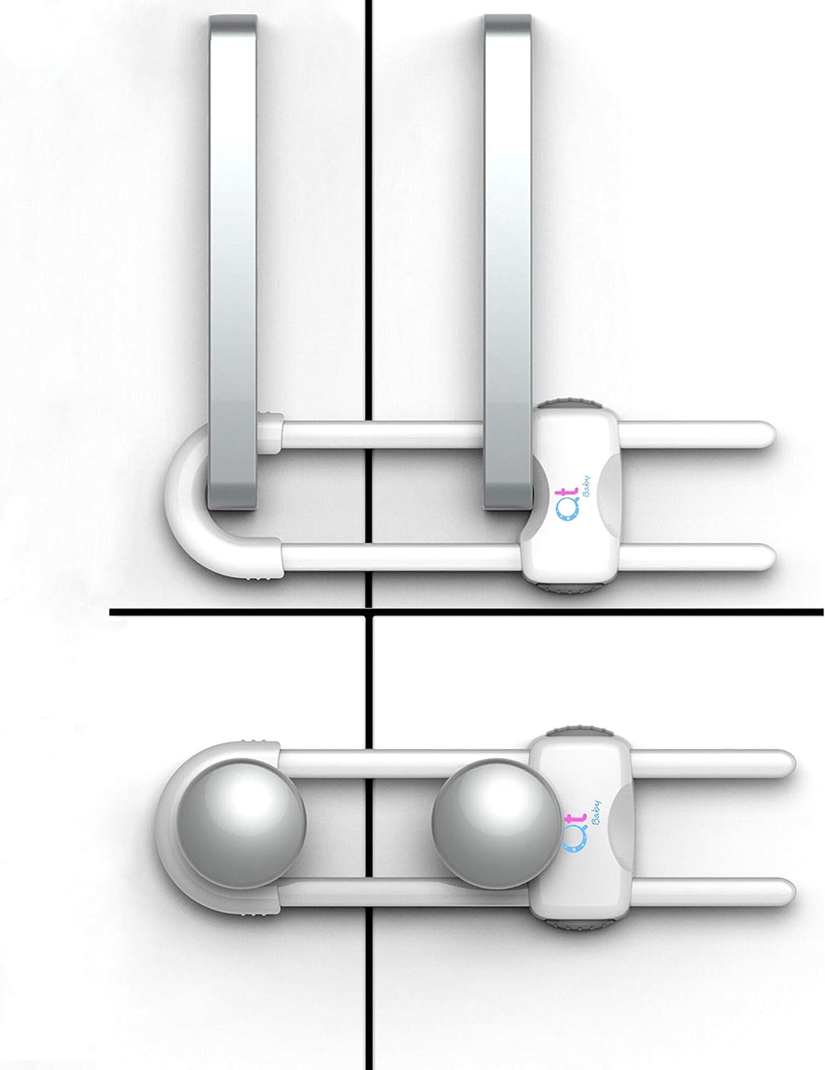 QT BABY Baby Proofing Cabinet Locks | Adjustable U Shaped Baby Safety Latches for Drawers, Fridge, Closet |Modern Baby Proofing Cabinet Lock with Extra Secure Lock Buttons (Pack of 2, White)
