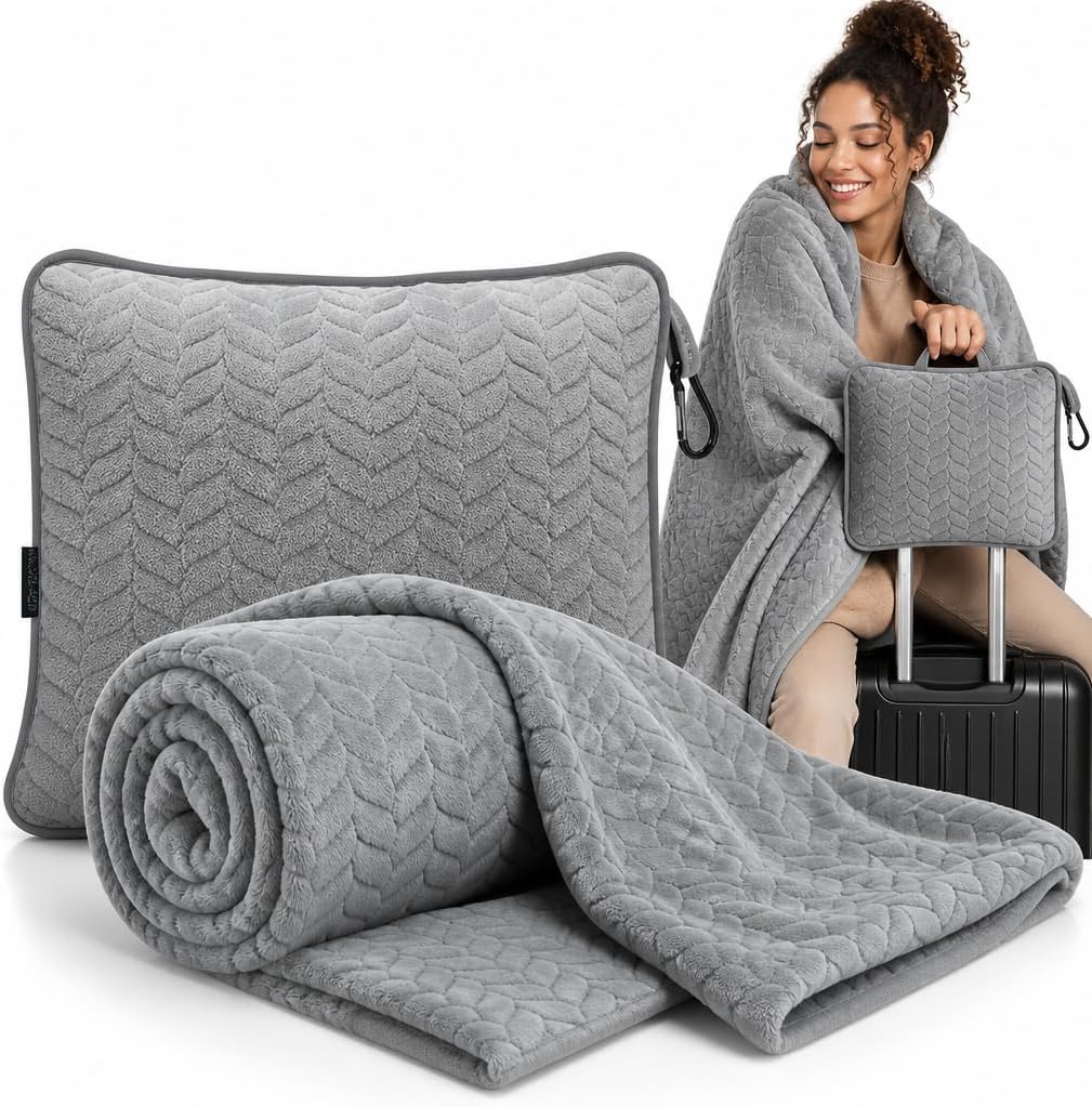 Proglobe Travel Blanket and Pillow Set, Soft Fleece Airplane Blanket, Grey