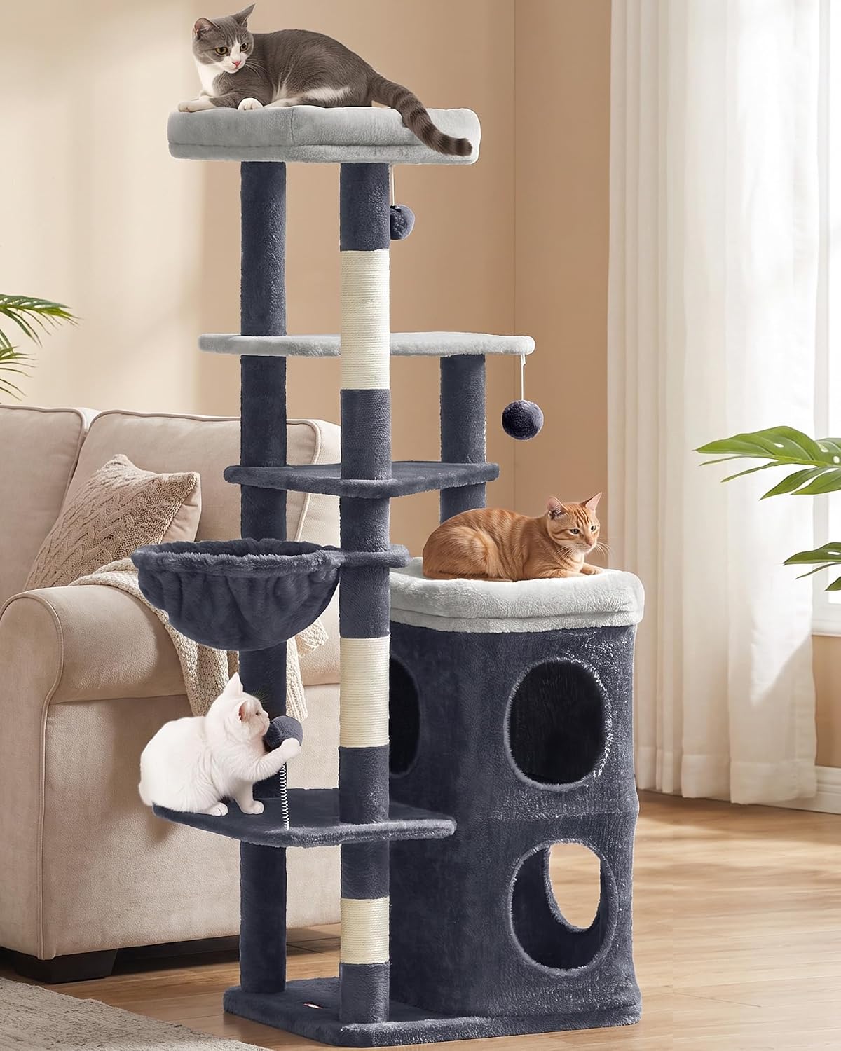 Feandrea Cat Tree Indoor, 60" Multiple-Level Plush Cat Tower, Dark Gray