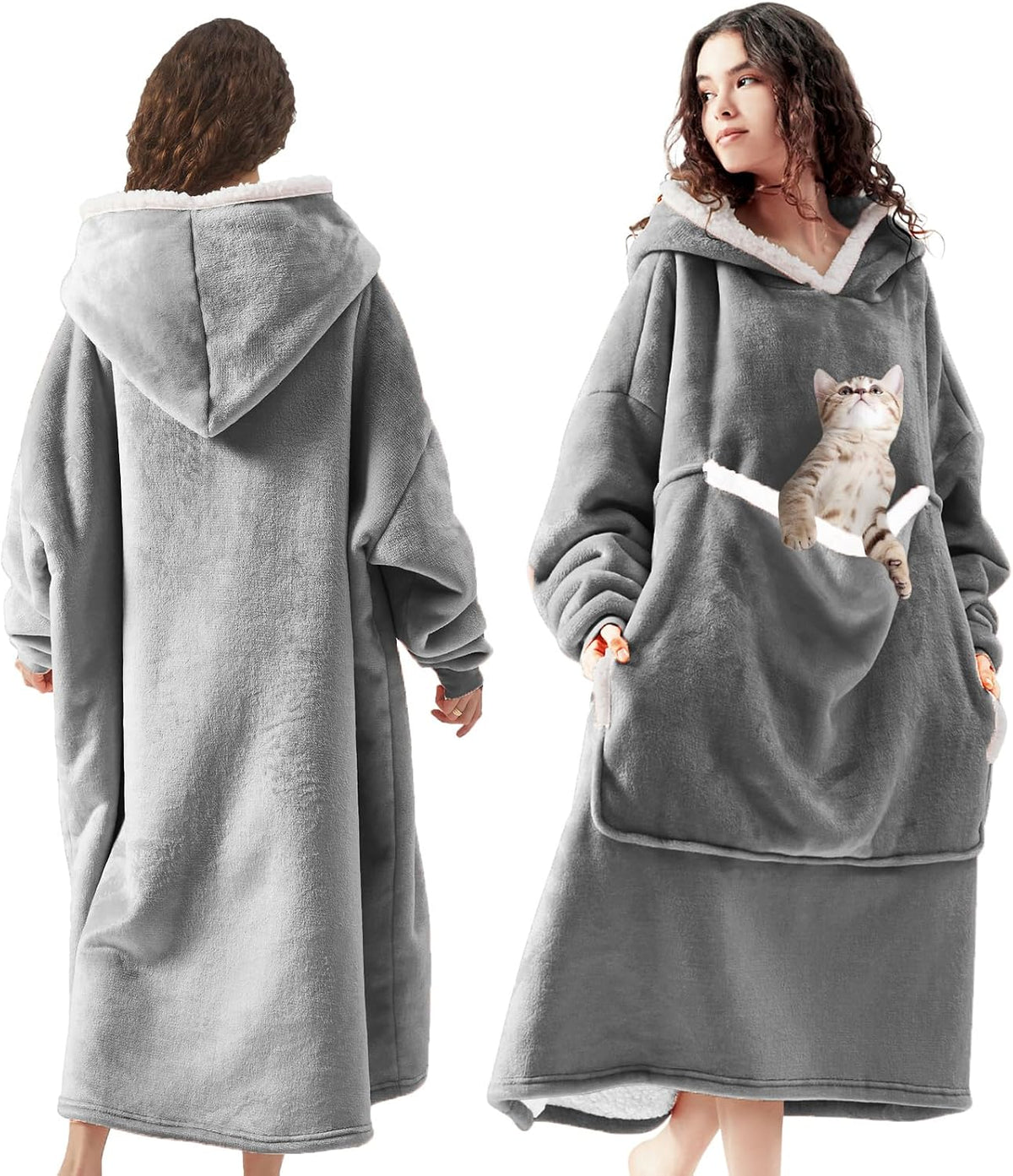 Oversized Wearable Blanket Hoodie with Pet Pouch - Soft Sherpa Fleece