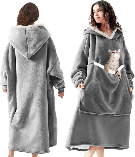 Oversized Wearable Blanket Hoodie with Pet Pouch - Soft Sherpa Fleece
