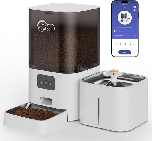 DOEL 5G&2.4G Wifi Automatic Cat Feeder and Water Fountain, 6L/24 Cups Timed Dry Food Dispenser for 2.5 Weeks, with APP Remote Control, Voice, for Small Medium Dog Puppy Kitten (White)