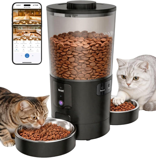 Dual-Camera Automatic Pet Feeder with 2 Bowls, 6L Smart Feeder for 2 Cats